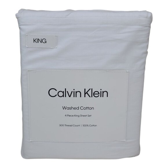 Calvin Klein Washed Cotton 4 Piece King Sheet Set 300 Thread Count White - Picture 1 of 8
